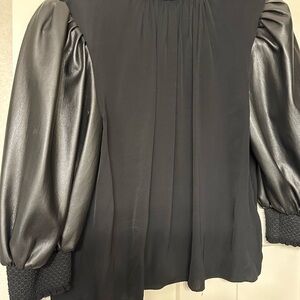 Alice + Olivia Black Satin Puff Sleeve Blouse